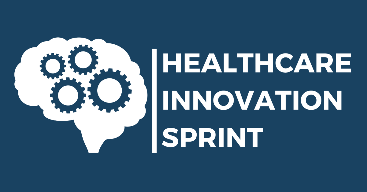 White brain with three gear wheels inside on a blue background, next to bold white text reading Healthcare Innovation Sprint.