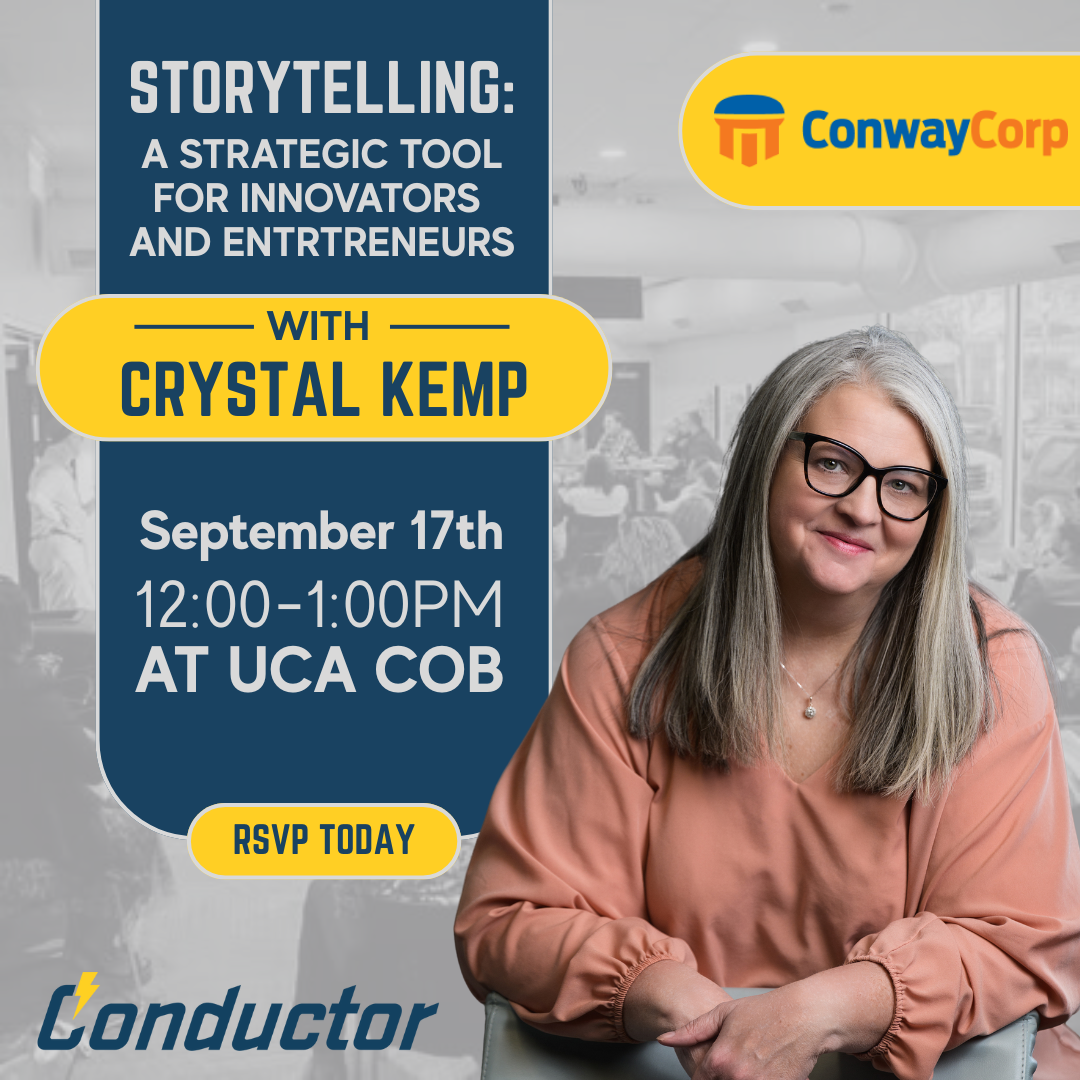 A woman with long gray hair and glasses sits, smiling, in front of a blurred event background. Text promotes a storytelling event with Crystal Kemp on September 17th, 12–1 PM at UCA COB, presented by Conway Corp and Conductor.