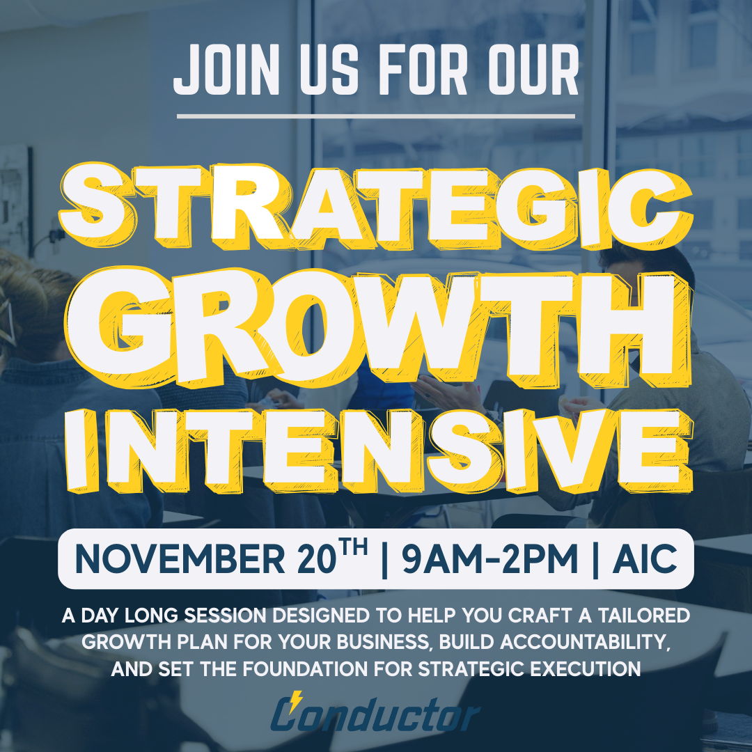 Promotional graphic for a Strategic Growth Intensive event on November 20th, 9AM-2PM at AIC, featuring details about a day-long session for business growth planning, accountability, and strategic execution.