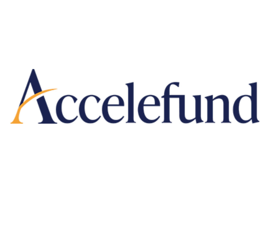 The image shows the logo for Accelefund with the first letter A stylized in blue and orange, while the rest of the text is in dark blue on a light background.