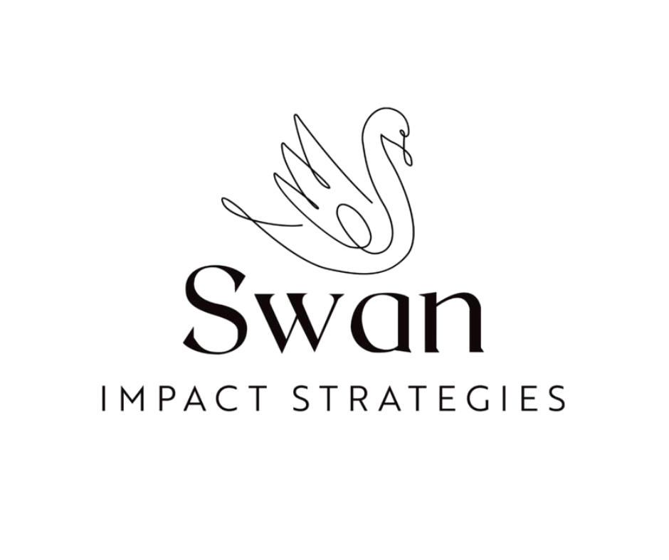 Minimalist line drawing of a swan above the words Swan Impact Strategies in elegant, modern black font on a white background.