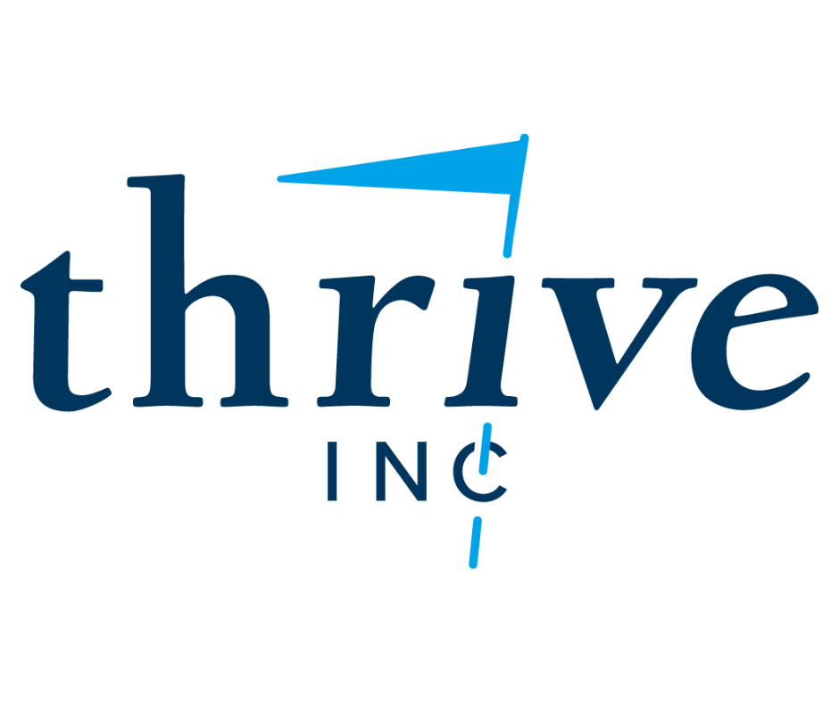 Logo for Thrive Inc with the word thrive in dark blue lowercase letters. The dot of the i is a light blue flag, and the I in Inc is stylized as a flagpole under the flag.