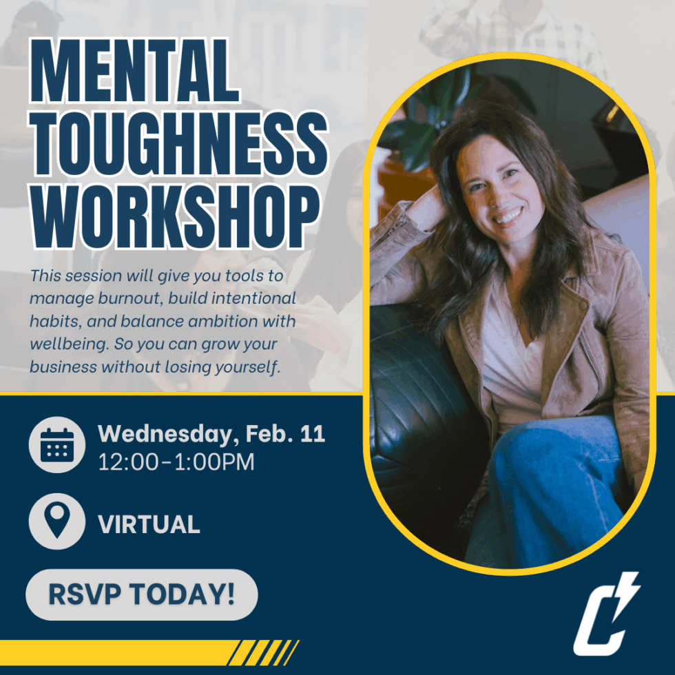 A promotional graphic for a Mental Toughness Workshop with a smiling woman sitting casually. Text includes date, time (Wednesday, Feb. 11, 12–1PM), virtual event details, and an RSVP button.