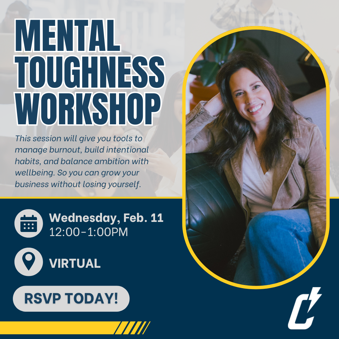 A promotional graphic for a Mental Toughness Workshop with a smiling woman sitting casually. Text includes date, time (Wednesday, Feb. 11, 12–1PM), virtual event details, and an RSVP button.