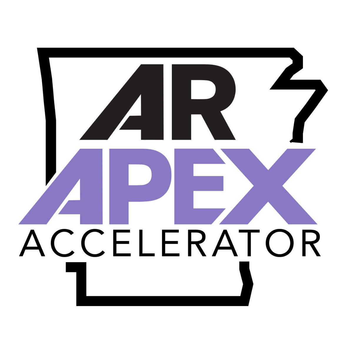 Logo with the words AR APEX ACCELERATOR in black and purple text, overlaid on the outline of the state of Arkansas.