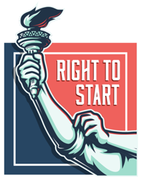 Illustration of an arm holding a torch, with the words RIGHT TO START in bold letters on a red and blue background.