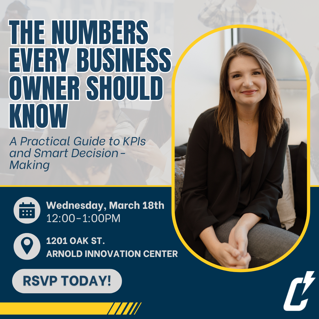 A businesswoman sits on a chair, smiling, next to event details: The Numbers Every Business Owner Should Know – A Practical Guide to KPIs and Smart Decision-Making, March 18th, 12–1pm, at Arnold Innovation Center. RSVP button visible.