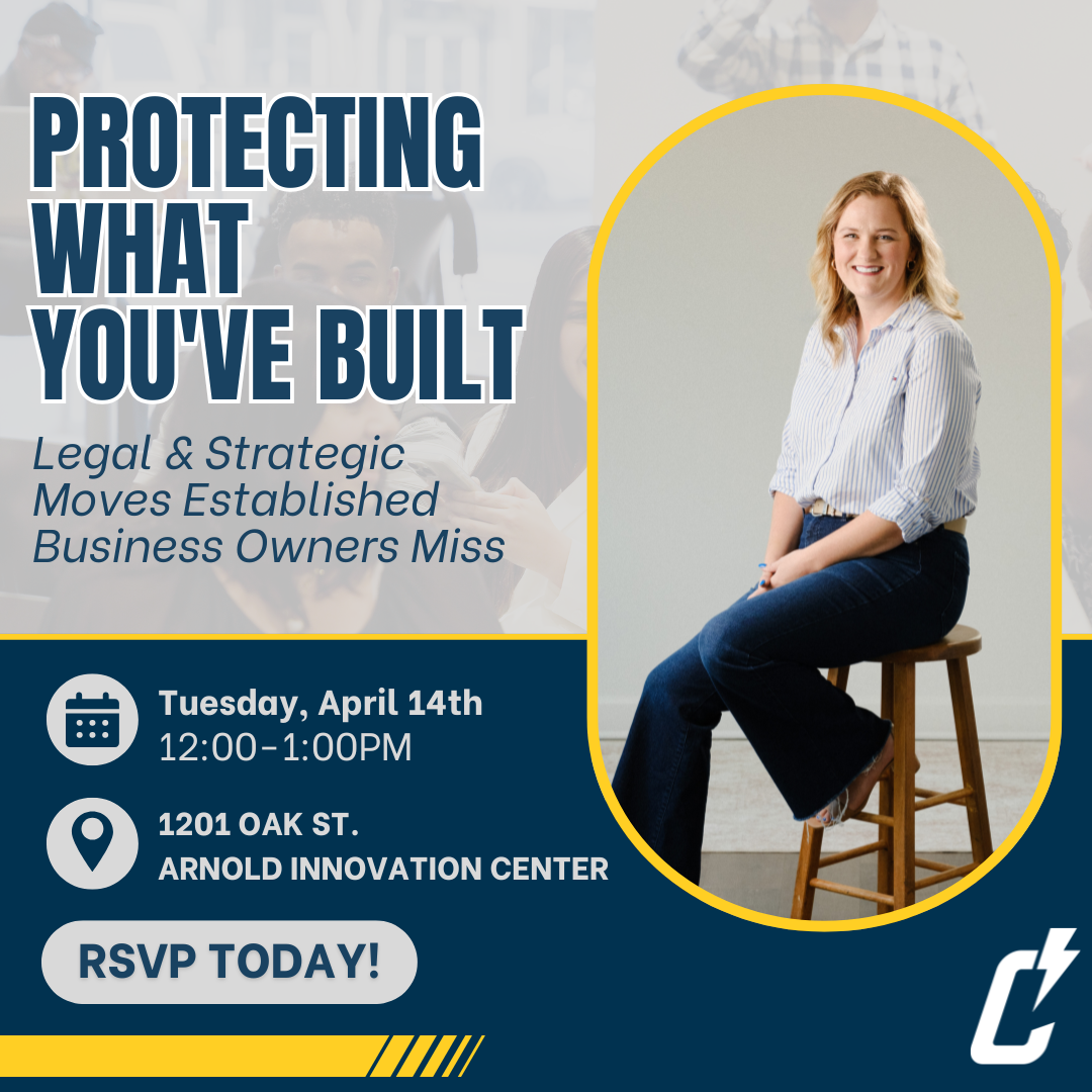 A smiling woman sits on a wooden stool beside text promoting a business event: “Protecting What You’ve Built: Legal & Strategic Moves Established Business Owners Miss,” with event details for April 14th at Arnold Innovation Center.