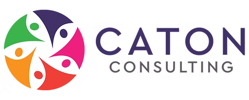 Logo for Caton Consulting featuring a colorful circular design with five abstract human figures in orange, green, purple, pink, and red, next to the companys name in bold and regular dark gray text.