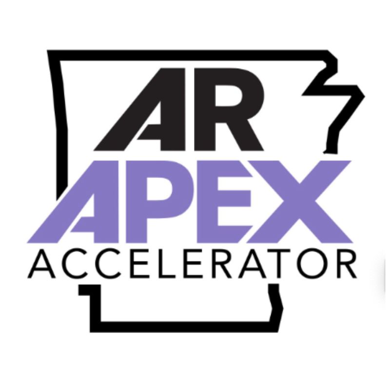 Logo with the outline of Arkansas. Bold letters AR APEX are layered over the outline, with ACCELERATOR written underneath in smaller text. AR is black, APEX is purple, and ACCELERATOR is black.