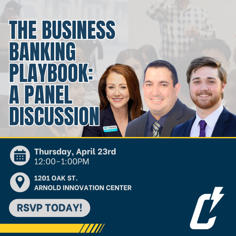 Promotional graphic for The Business Banking Playbook: A Panel Discussion featuring three smiling panelists, event details, RSVP button, and the Centers logo. Event is on Thursday, April 23rd, 12–1 PM at 1201 Oak St.