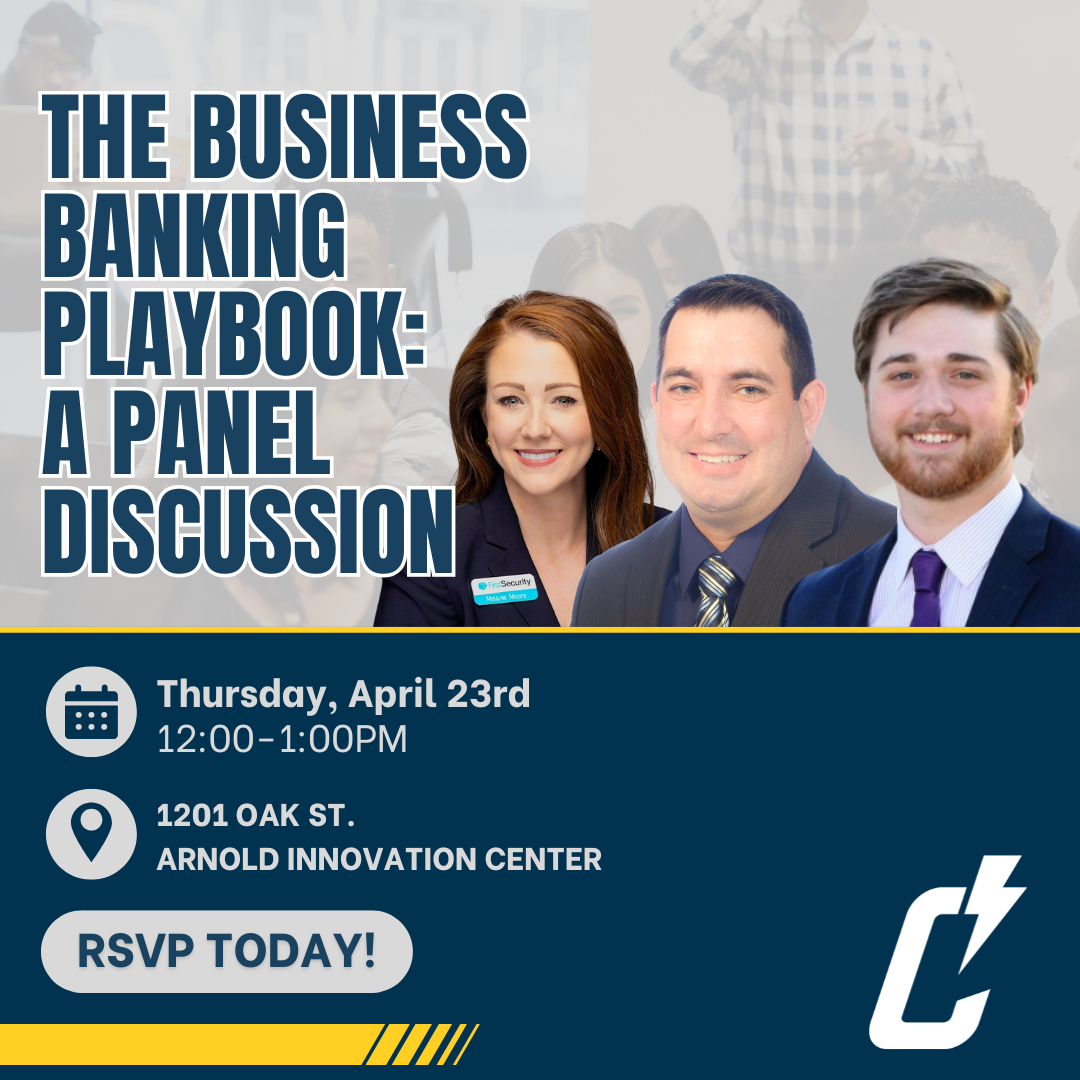 Promotional graphic for The Business Banking Playbook: A Panel Discussion featuring three smiling panelists, event details, RSVP button, and the Centers logo. Event is on Thursday, April 23rd, 12–1 PM at 1201 Oak St.