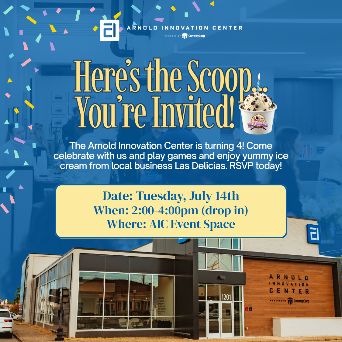 Invitation graphic for the Arnold Innovation Centers 4th birthday party, featuring confetti, ice cream, event details, and a photo of the AIC building. Event is July 14th, 2–4 pm, at the AIC Event Space.