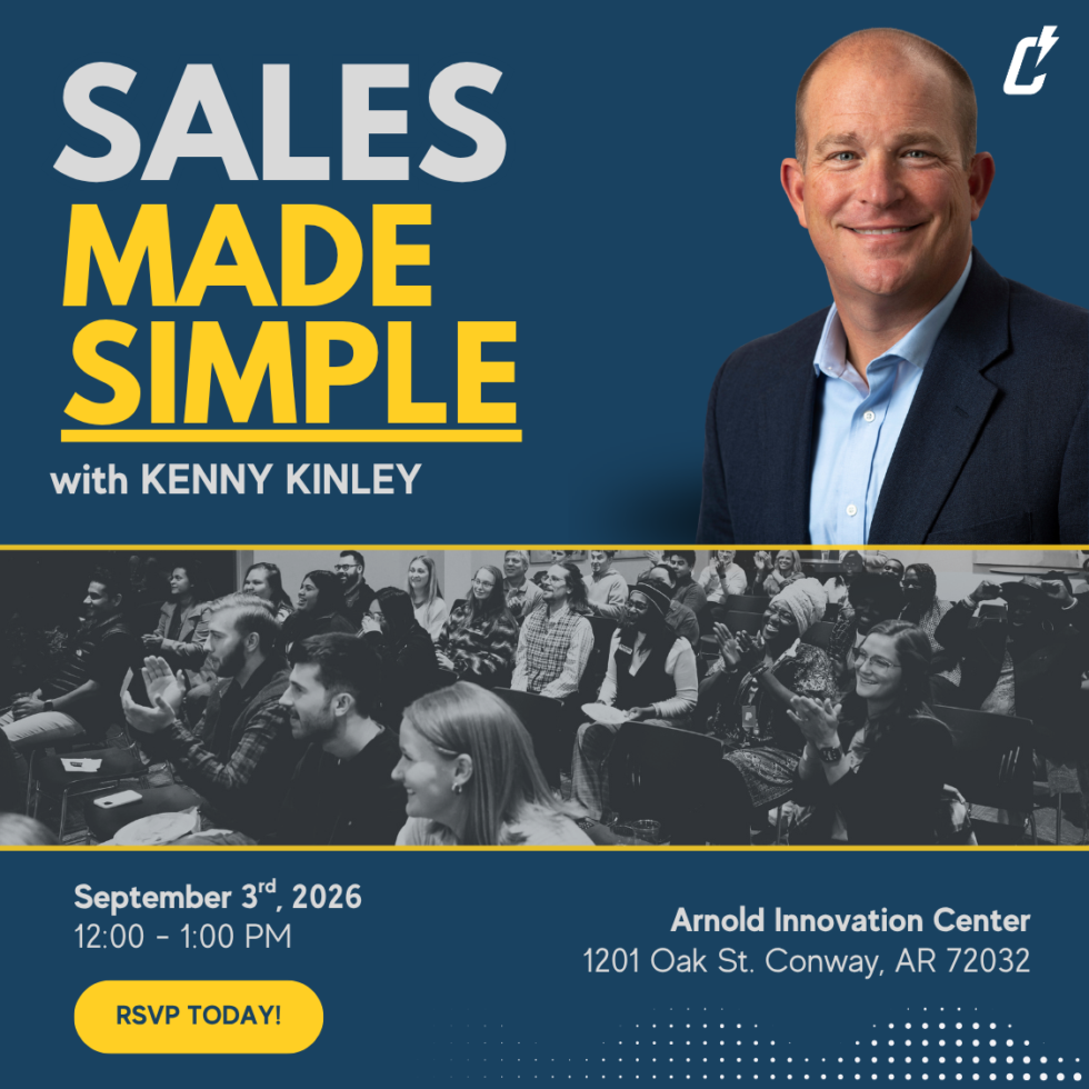 Promotional image for Sales Made Simple with Kenny Kinley. Shows Kenny Kinley smiling, a yellow and blue event title, a photo of an audience, and event details for September 3, 2026, at Arnold Innovation Center, Conway, AR.