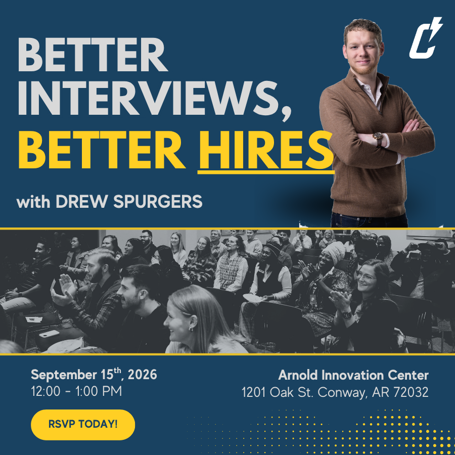 Man stands confidently above event info: Better Interviews, Better Hires with Drew Spurgers. Audience claps in lower image. Event is on Sep 15, 2026, at Arnold Innovation Center. RSVP button is bottom left.